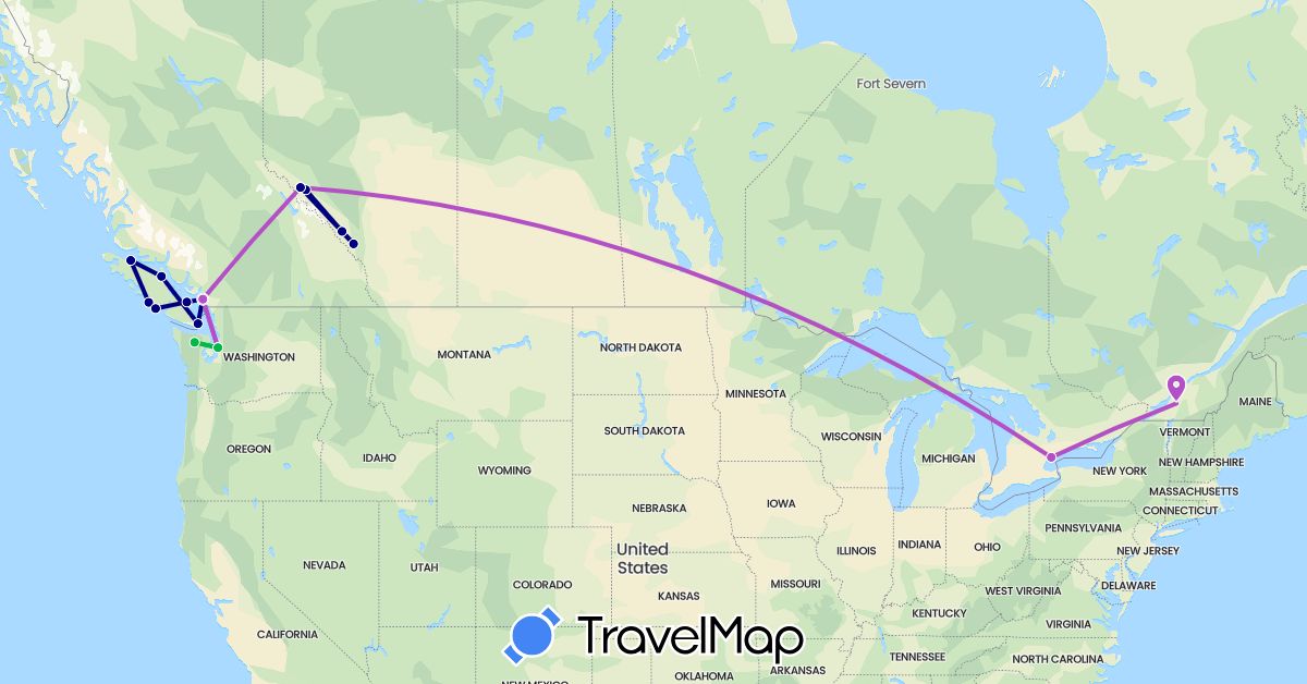 TravelMap itinerary: driving, bus, train in Canada, United States (North America)